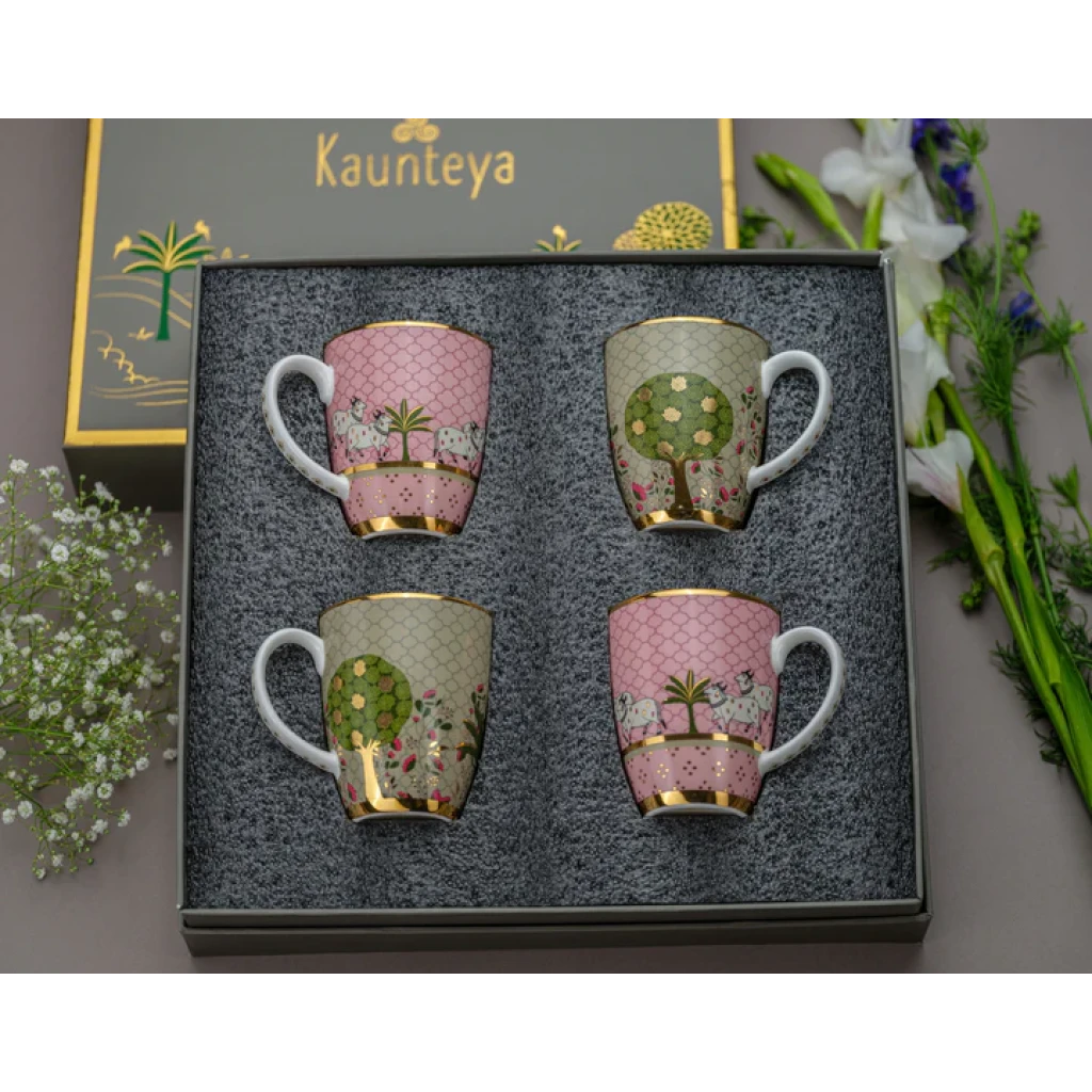 Kaunteya Pichwai Gift Set (2 Pichwai Green Mugs and 2 Pichwai Pink Mugs)
