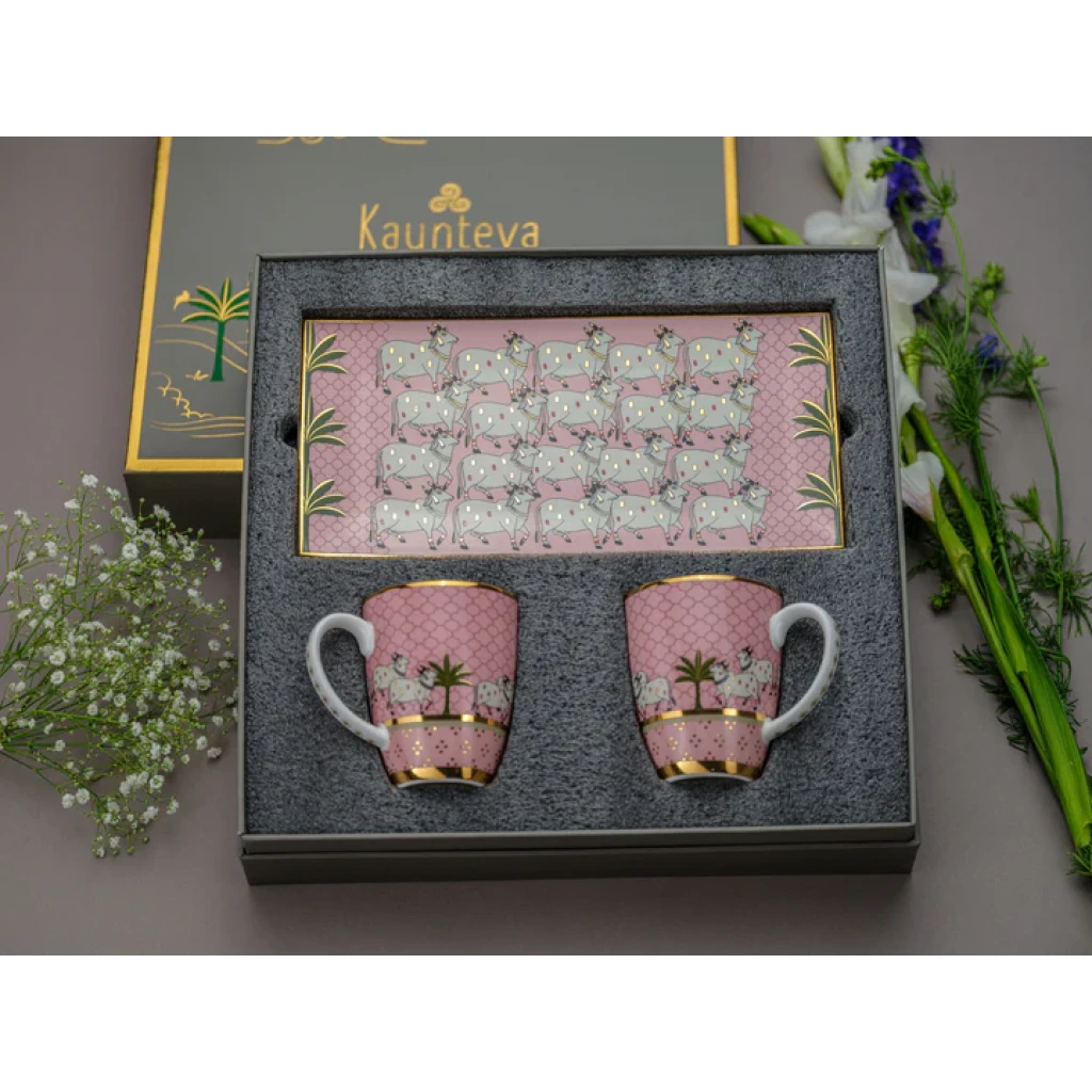 Kaunteya Pichwai Gift Set (Pichwai Pink Cookie Plate and Pichwai 2 Pink Mugs)