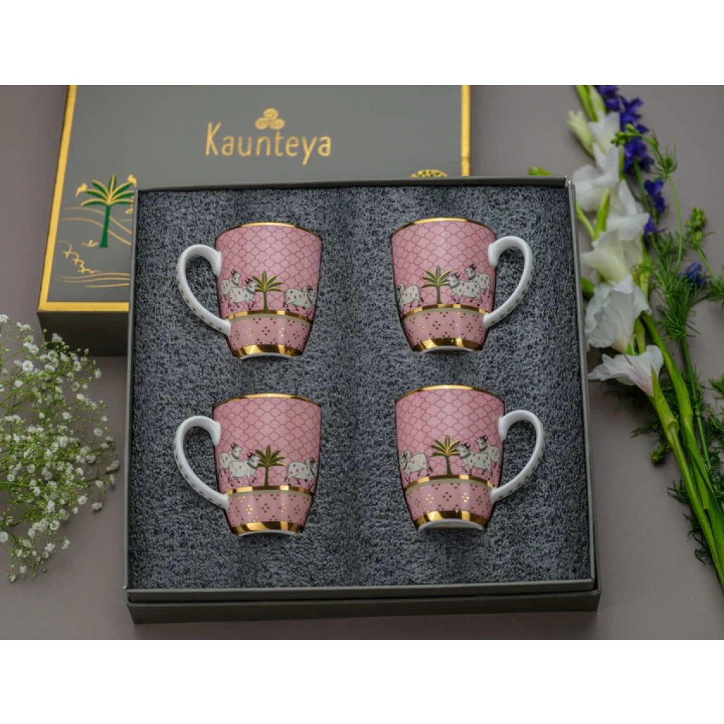 Kaunteya Pichwai Gift Set (4 Pink Coffee Mugs)