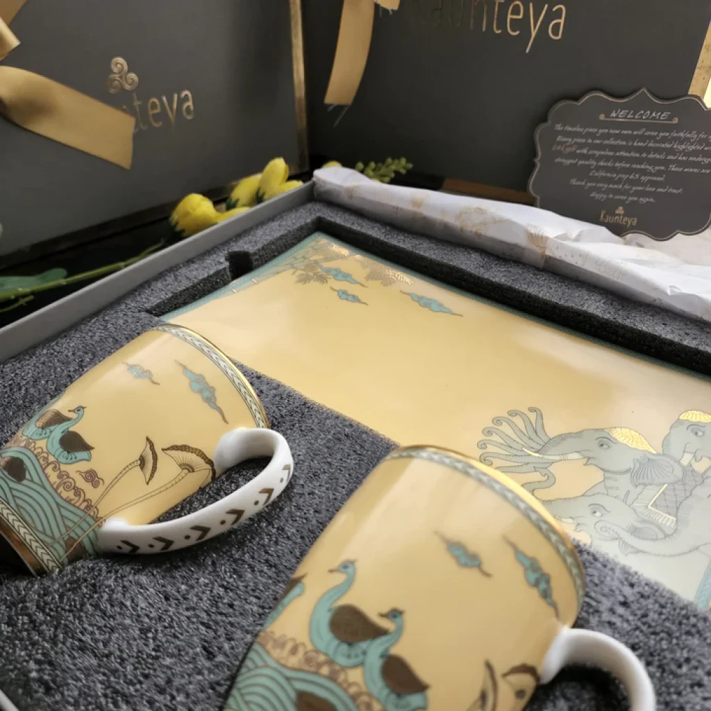 Kaunteya Airavata Gift Set (Airavata Cookie Plate and 2 Yellow Coffee Mugs)--2