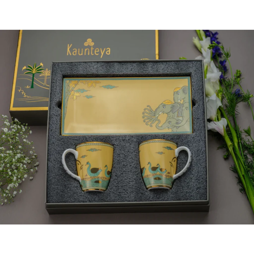 Kaunteya Airavata Gift Set (Airavata Cookie Plate and 2 Yellow Coffee Mugs)